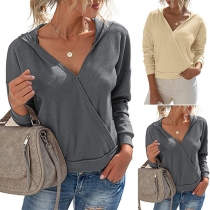 Fashion Solid Color Long Sleeve V-neck Hooded Top