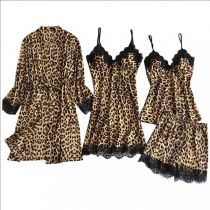 Sexy Lace Spliced Leopard Printed Nightwear Set Four-piece Set