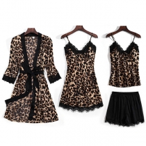 Sexy Lace Spliced Leopard Printed Nightwear Set Four-piece Set