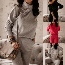 Fashion Solid Color Long Sleeve Mock Neck Sweatshirt Suit