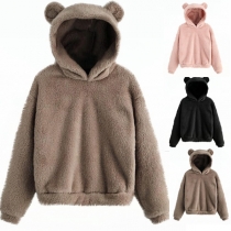 Cute Style Long Sleeve Solid Color Hooded Plush Sweatshirt (Size falls small)