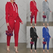 Fashion Soid Color Hooded Sweatshirt + Pants Two-piece Set