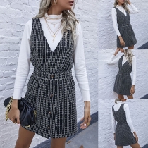 Fashion Sleeveless V-neck High Waist Plaid Dress