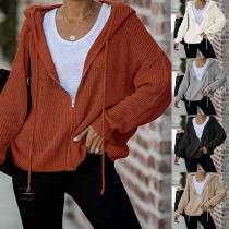Simple Style Long Sleeve Hooded Solid Color Knit Cardigan