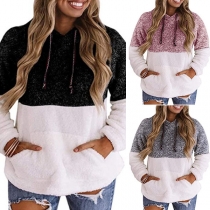 Fashion Contrast Color Long Sleeve Hooded Plush Sweatshirt