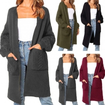 Simple Style Solid Color Lantern Sleeve Knit Cardigan