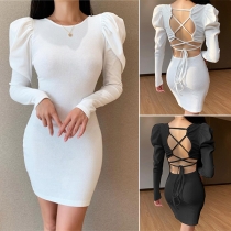 Sexy Backless Puff Sleeve Round Neck Slim Fit Dress