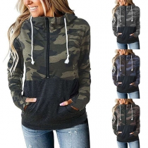 Fashion Camouflage Printed Spliced Long Sleeve Hooded Sweatshirt