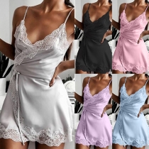 Sexy Backless V-neck Lace Spliced Solid Color Sling Nightwear Dress