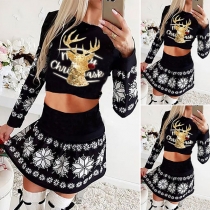 Cute Elk Printed Long Sleeve Round Neck Slim Fit Christmas Dress