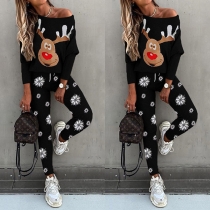 Cute Elk Printed Long Sleeve Top + Pants Two-piece Set