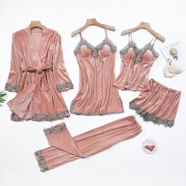 Sexy Lace Spliced Solid Color Nightwear Set 5 Pieces/Set