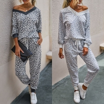 Fashion Leopard Printed Long Sleeve V-neck Top + Pants Two-piece Set