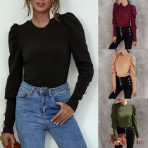 Fashion Solid Color Puff Sleeve Round Neck Slim Fit T-shirt