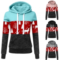 Fashion Contrast Color Elk Printed Long Sleeve Hooded Sweatshirt