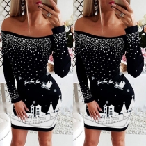 Sexy Off-shoulder Boat Neck Long Sleeve Slim Fit Printed Dress