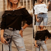 Sexy Ruffle Boat Neck Long Sleeve Solid Color T-shirt