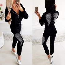 Fashion Wing Printed Hooded Sweatshirt Coat + Pants Two-piece Set