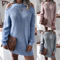 Sexy Off-shoulder Long Sleeve Round Neck Solid Color Sweater Dress