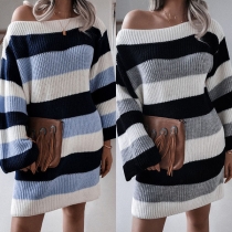 Sexy Off-shoulder Boat Neck Long Sleeve Striped Sweater Dress