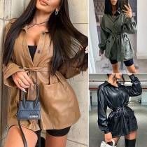 Fashion Solid Color Long Sleeve POLO Collar PU Leather Jacket with Waist Strap