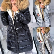 Fashion Faux Fur Spliced Hooded Plush Lining Padded Coat