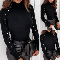 Fashion Long Sleeve Mock Neck Slim Fit Button Top