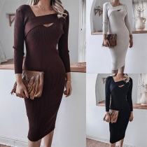 Sexy V-neck Long Sleeve Solid Color Slim Fit Knit Dress