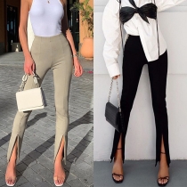 Fashion Solid Color High Waist Slit Hem Solid Color Pants