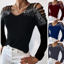 Sexy Off-shoulder Long Sleeve V-neck Rhinestone Spliced T-shirt