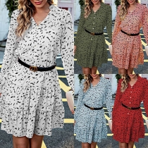Fresh Style Long Sleeve V-neck Ruffle Hem Printed Dress