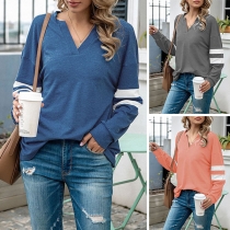 Fashion Contrast Color Long Sleeve V-neck T-shirt
