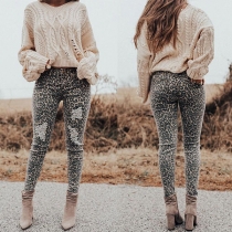 Fashion High Waist Slim Fit Ripped Leopard Printed Pants