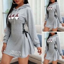 Cute Cat Pattern Side Lace-up Hooded Sweatshirt Dress