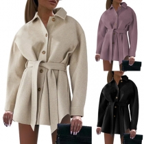 Fashion Solid Color Long Sleeve POLO Collar Woolen Coat with Waist Strap