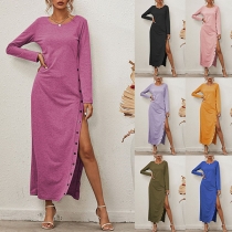 Sexy Side Slit Hem Long Sleeve Round Neck Solid Color Dress