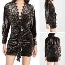 Sexy Lace Spliced V-neck Long Sleeve Slim Fit Leopard Printed Dress