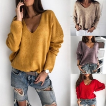 Fashion Solid Color Long Sleeve V-neck Knit Top