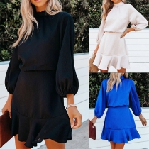 Fashion Solid Color Long Sleeve Mock Neck Ruffle Hem Dress
