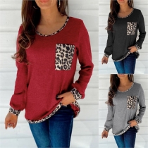 Fashion Leopard Spliced Long Sleeve Round Neck Knit Top
