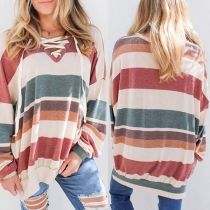 Casual Style Lace-up V-neck Rainbow Striped Sweatshirt