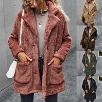 Fashion Solid Color Long Sleeve Notched Lapel Plush Coat