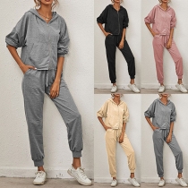 Fashion Solid Color Hooded Sweatshirt + Pants Two-piece Set