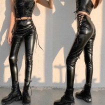 Sexy Lace-up High Waist Solid Color Slim Fit PU Leather Pants