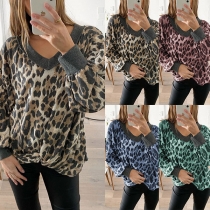 Fashion Leopard Printed Long Sleeve V-neck T-shirt