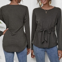 Fashion Solid Color Long Sleeve Round Neck Lace-up T-shirt