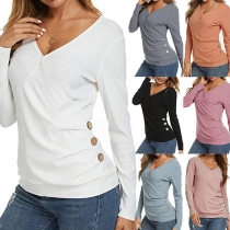 Fashion Solid Color V-neck Side-button Long Sleeve T-shirt