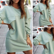 Casual Style Long Sleeve Round Neck Front-pocket Solid Color Dress