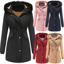 Fashion Solid Color Faux Fur Spliced Hooded Slim Fit Padded Coat