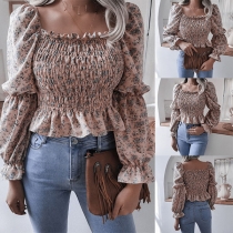 Sexy Square Collar Long Sleeve Ruffle Hem Printed Top